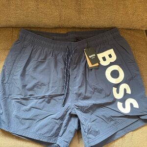 NEW BOSS Beachwear by Hugo Boss Logo Swim Trunks Board Shorts XX Large Blue 5"